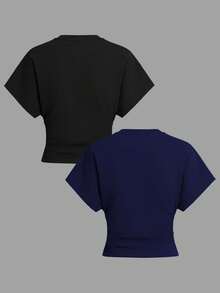 Airaco 2pcs Summer Casual Solid Color Batwing Sleeve T-Shirts - Multicolor - View 2