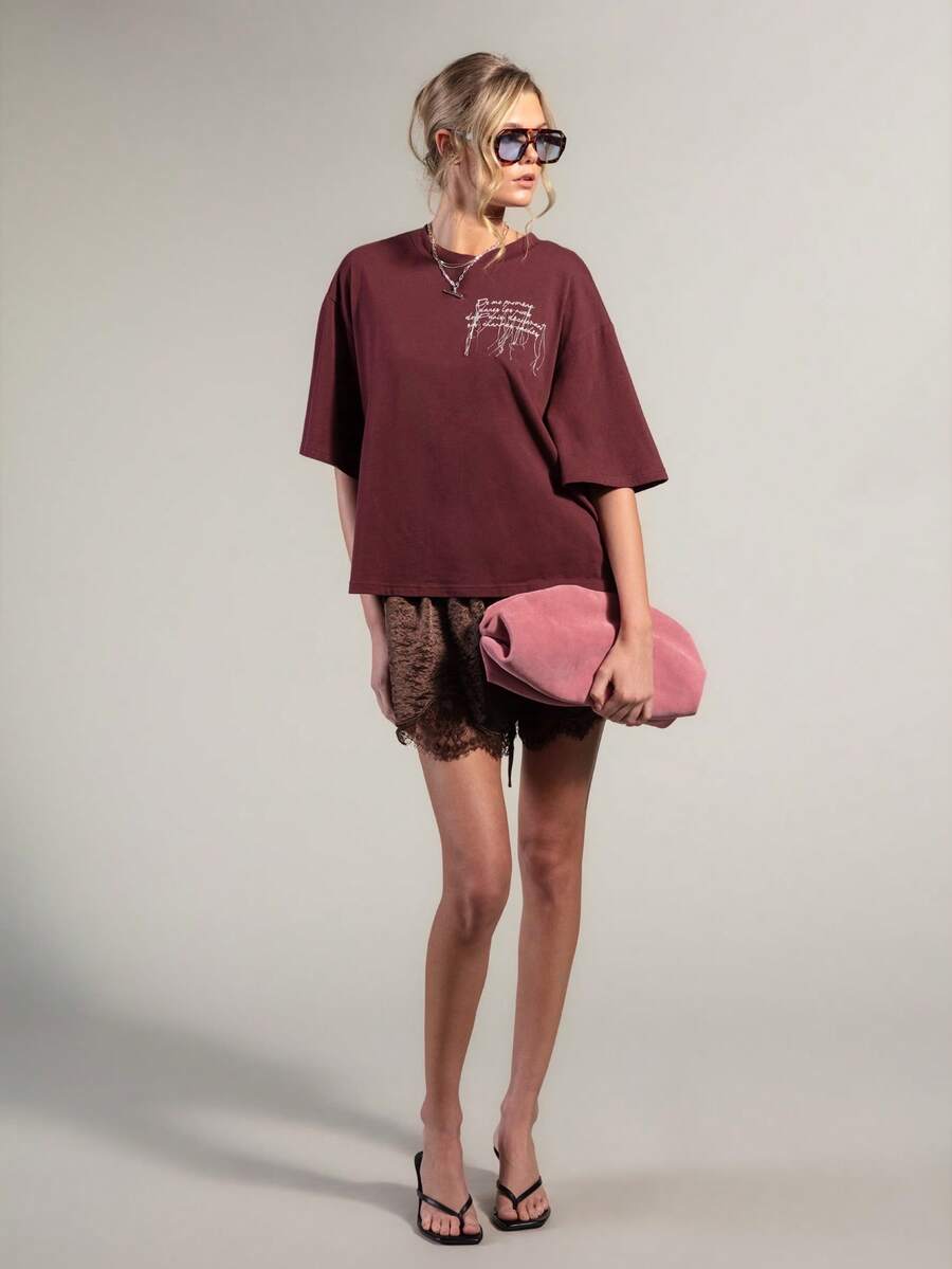 Rouah Casual Boyfriend Fit Embroidered T-Shirt For Women - AW26 , FW26, Burgundy Top, Burgundy T-Shirt, Fall Top, Winter Top, Layering T-Shirt - Rusty Rose - View 1