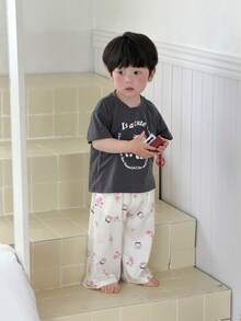 DAZY 2件套幼儿男童卡通印花圆领T恤和裤子家居服套装 - 灰色 - 查看 6