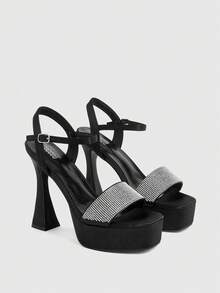 CUCCOO LuxiPop Women's Platform Black High-Heeled Sandals, Party-Style High-Heeled Sandals, Sexy Nightclub High-Heeled Sandals, Square Ankle Sandals, Suitable For Christmas Parties, Valentine's Day Gifts, Suitable For Spring And Summer, Holiday Season 2000's Style, Holiday Atmosphere, Summer Wear, Travel Essentials - Night Shadow Black - View 2
