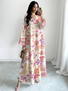 SHEIN Najma 碎花长裙，女士时尚V领长袖连衣裙，女士长款碎花连衣裙，优雅春夏长裙，阿拉伯风格女装 - 彩色 - 查看 1