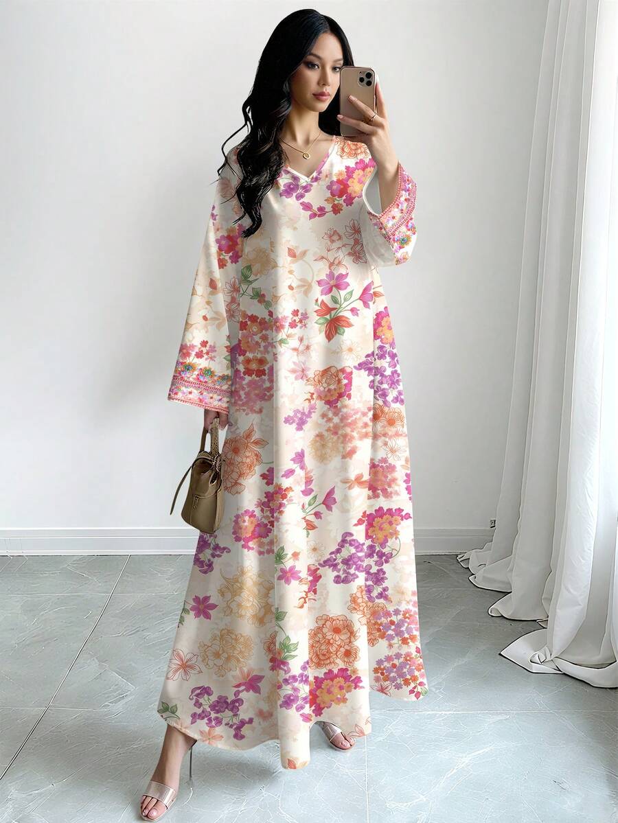 SHEIN Najma 碎花长裙,女士时尚V领长袖连衣裙,女士长款碎花连衣裙,优雅春夏长裙,阿拉伯风格女装 - 彩色 - 查看 1