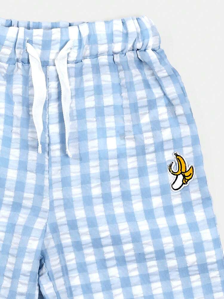 Boys Gingham Check Pants With Banana Embroidery Spring Summer Comfortable Casual Seersucker Drawstring Pants