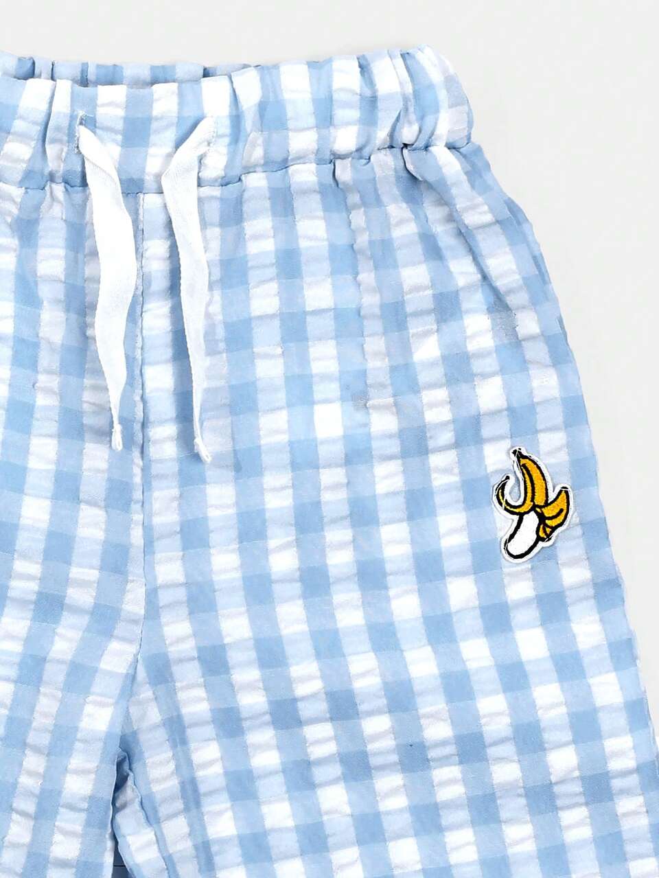 Pantalones de cuadros de guinga para niños con bordado de plátano, pantalones casuales cómodos de seersucker con cordón para primavera y verano