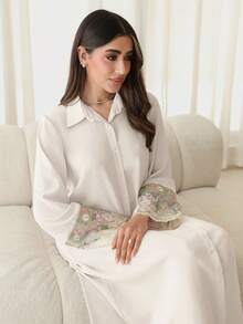 Al Najma Women's Floral Embroidered Mesh Patchwork Arabic Style Dress - Apricot - View 6