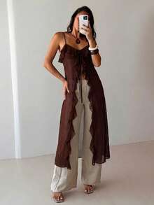 Aloruh Women's Sexy Bohemian Style Solid White Sheer Extra Long Blouse, Women's Music Festival Top,Summer Top - Coffee Brown - View 4