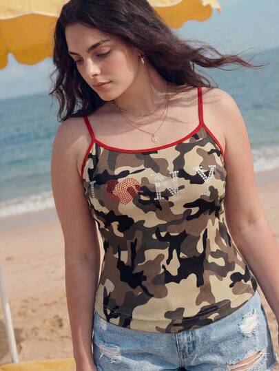 Solavibe Plus Size Women Rhinestone Letter Camouflage Print Casual Camisole,Vacation,Vacation Style,Camo Print Rhinestone Letter Cami Top,Summer Camouflage Print Rhinestone Cami Top For Vacation, Spaghetti Strap Casual Beach Outfits For Woman, Vacation, Beach, Vacation Outfits Woman