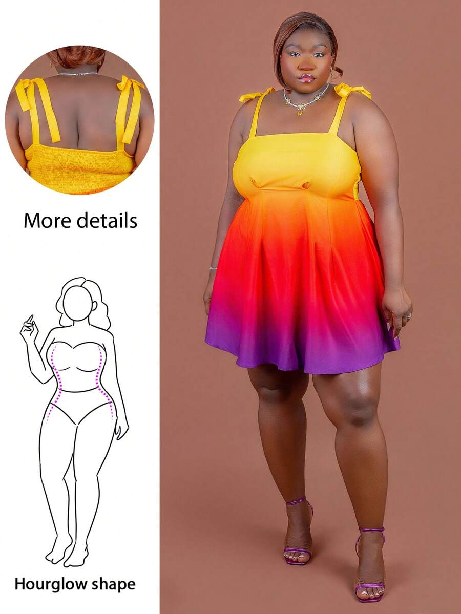 CurvyTilda Plus Size Women Sunset Gradient Print Spaghetti Strap Tie-Up Short Dress, Yellow Gradient Orange Holiday Dress Party, For Hourglass Body Shape - Multicolor - View 1