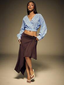 Denimoi Asymmetrical Neckline Stripe Shirt Fashionable Office Wear Brunch Outfits Spring Summer Tops - Blue - View 2