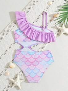 SHEIN Young Girl Iridescent Fish Scale Pattern High Elasticity Soft Comfortable One-Piece Swimsuit - Purple - View 2