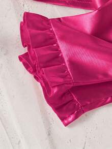 1 Set Baby Girls Hot Pink Satin Pajama Set, Lapel Short Sleeve Top & Ruffle Pants, Summer Cute - Watermelon Pink - View 4