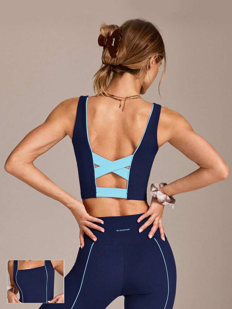 FeatherFit™ On The Line Soft Stretchy Sweat-Wicking UV Protection Crossover Back Two-Tone Removable Cups Cropped Active Tank Low Impact Yoga Pilates Studio Daily Active Wear