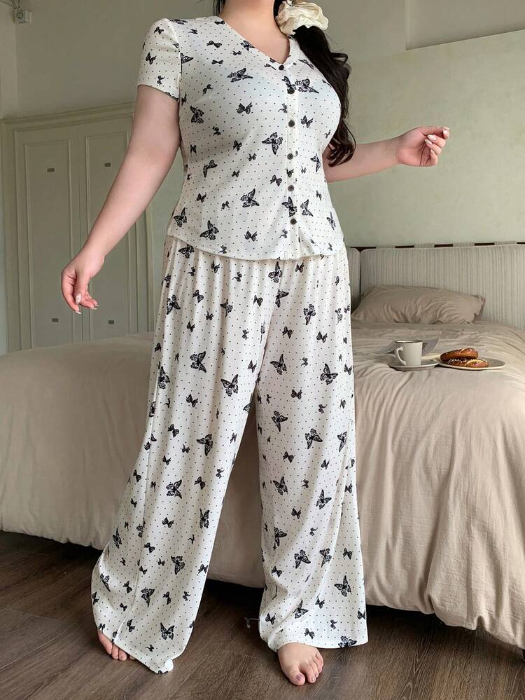 Dazy Plus Summer Elegant Butterfly Print Top & Wide Leg Pajama Pants Set, Plus Size Graceful Sleepwear