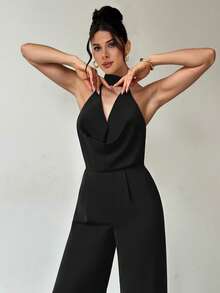 Firerie Women's Elegant Romantic Date Sexy Deep Draped Neck Backless Waist Flared Leg Jumpsuit, Suitable For Gala, Birthday, Party Dress - Black - View 7