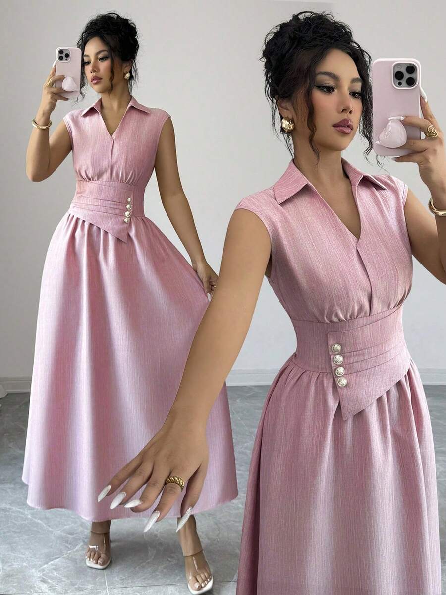Selianne Vestido largo sin mangas de estilo francés elegante para mujer, diseño sofisticado, sensación de gracia de alta calidad, adecuado para el trabajo, los viajes, las vacaciones, el estilo callejero, un elemento esencial de la moda de verano, diseño de nicho, vestido largo versátil - Rosa - Ver 1