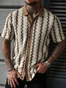 Manfinity Homme 男士加大码条纹短袖单排扣休闲衬衫 - 彩色 - 查看 7