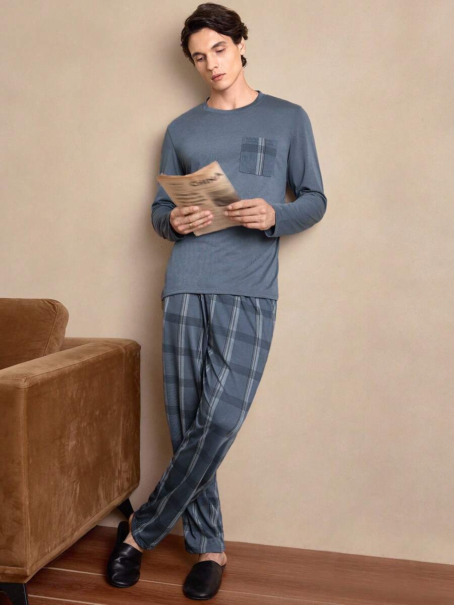 男士两件套：圆领长袖上衣搭配格子时尚长裤，休闲睡衣套装，秋冬服装 - 淺藍色 - 查看 1