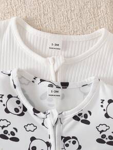 SHEIN Vintaside Kids 2件裝新生兒男嬰女嬰可愛休閒睡衣，包含一件象牙色純色與一件白色卡通動物熊貓酪梨印花長袖圓領連身足套睡衣，適用於春秋季，採用柔軟輕盈親膚針織面料製成，適合溫和居家服與舒適睡衣 - 彩色 - 查看 6