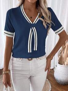 EMERY ROSE Women's Fashionable Versatile Striped Contrast Color Short Sleeve Knit Top Brunch Navy Blue And White Summer Coastal - Royal Blue - View 5