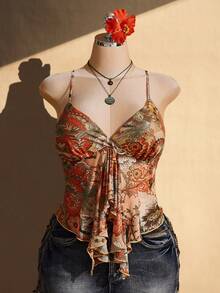 SHEIN ICON Women's Plus Size Light Green Summer Boho Vacation Holiday Retro Y2K Floral Pattern Ruffled Irregular Hem Slim Fit Camisole Vacation - Multicolor - View 3