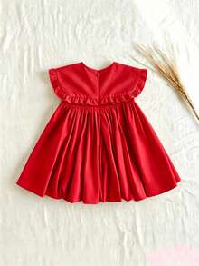SHEIN 女童纯色荷叶边领无袖束腰连衣裙 - 紅色 - 查看 4