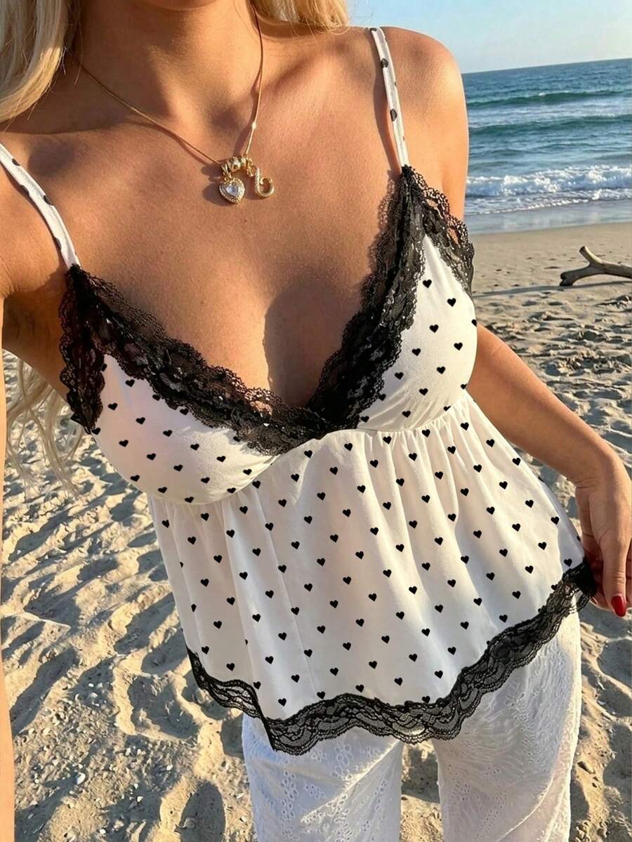 Veykashi Áo liền thân nữ kiểu babydoll xếp ly ngực phối ren, áo hai dây nữ kiểu dáng thường ngày, áo mùa xuân/hè, áo hai dây phối ren chấm bi đen trắng, áo chủ đề Giáng sinh, áo chấm bi, áo chấm bi ngọt ngào, áo hai dây phối ren chấm bi đen trắng. - Nhiều màu - Xem 1