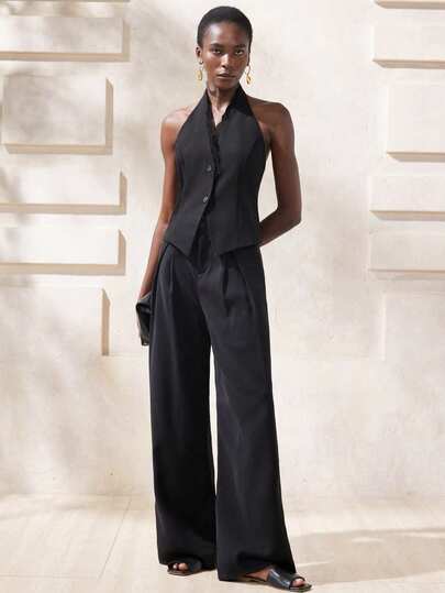 Aveloria Modichic Minimalist Luxury Elegant Sexy Lady Style New Black Halter Sleeveless Waist Cinching V-Neck Backless Single-Breasted Lace Trim Short Vest Blazer, Fashionable For Work, Dating, Nightclub, Summer Vacation Matching Wide-Leg Pants Or Mini Skirt