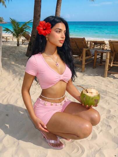 Sweetina Deep V-Neck Cropped Long Sleeve Top & Low Waist Bow Tie Shorts 2-Piece Set For Women