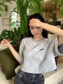 DAZY 女款夏季休閒對比蕾絲落肩短版T恤 - 灰色 - 查看 3