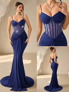 Coutiva Women's Elegant Rhinestone Pleated Ruffle Mermaid Hem Formal Evening Gown - Navy Blue - View 13