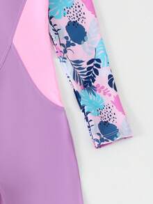 SHEIN 女童热带花卉印花前拉链插肩袖连体泳衣，适合潜水、冲浪、运动泳装，纯色修身长袖防晒衣，保守款式，适合夏季、海滩、泳池、度假 - 淡紫色 - 查看 4