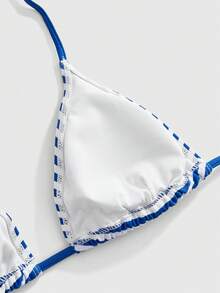 ROMWE Avant Bộ bikini 3 mảnh thanh lịch màu xanh sọc gợi cảm buộc dây phía trước dành cho nữ, chất liệu co giãn, thích hợp cho bãi biển, tiệc tùng, mùa xuân/hè. - Màu xanh lam - Xem 3