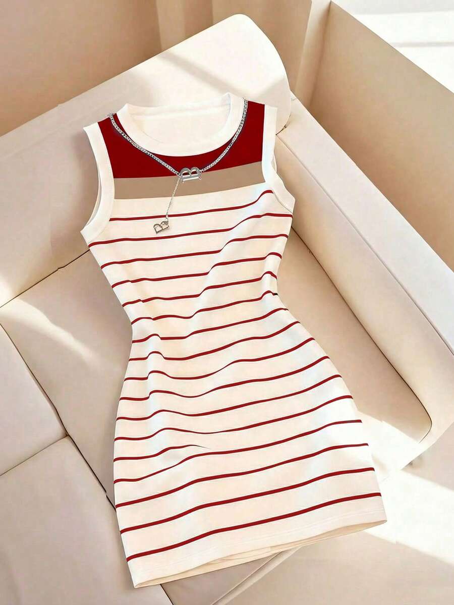 Resyla Casual Basic Tight-Fitting Colorblock Striped Print Dress - Multicolor - View 1