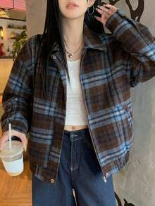 DAZY 女士休闲格子外套，秋冬款 - 藍色 - 查看 2