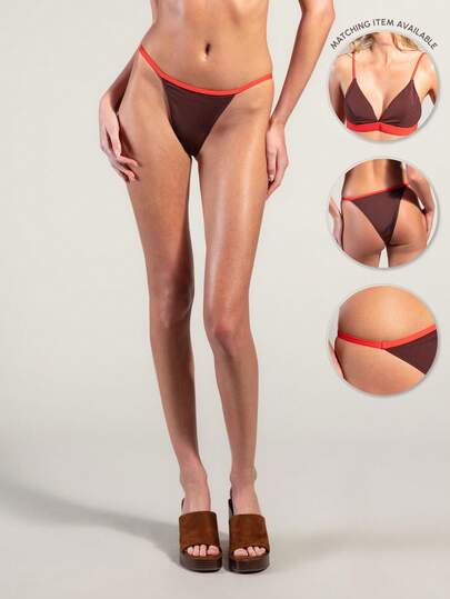Rouah High-Cut Color-Block Bikini Bottom Chocolate Brown With Red Contrast Waistband Cheeky Minimalist Thong Swimwear Bottom. Matching Top Available