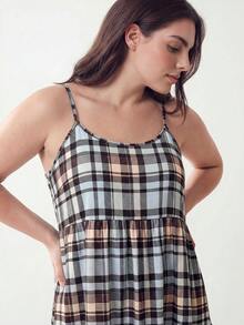 Solavibe 大码女式深灰色格子吊带夏秋连衣裙 - 藍色 - 查看 7