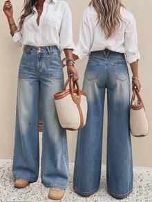 SHEIN LUNE Women's Fashionable Casual Washed Straight-Leg Jeans Travel Light Blue Summer - Blue - View 3