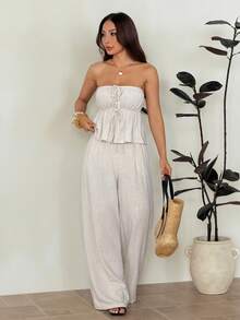 SHEIN PETITE Bộ 2 món áo không tay và quần dài cho nữ, màu trơn, kiểu dáng tối giản, thích hợp cho mùa hè. - Màu be - Xem 4
