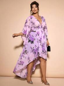 Cravure Damen Große Größen Fließendes Chiffon Top mit Blumenmuster, 3/4 Ärmel, halbtransparent, mit schwarzem figurbetontem Bodycon Minirock, echtes 2-teiliges Set - Violett - Übersicht 3