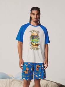 SCOOBY-DOO X SHEIN Men's Cartoon Print Color Block Short Sleeve Top And Shorts Casual Pajama Set - Blue and White - View 3