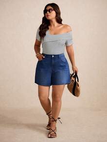 Elaquor Plus Size Summer Casual Washed Wide Leg Denim Shorts - Dark Wash - View 6