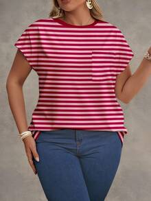 EMERY ROSE Plus Size Pink Horizontal Striped Print Round Neck Dolman Short Sleeve Patch Pocket Curved Hem Casual T-Shirt Women Summer Vacation Tee Gym Holiday - Multicolor - View 4