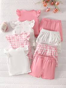 SHEIN 4件組新生女嬰夏季服裝套裝 白色粉色蝴蝶結印花無袖荷葉邊上衣與配套短褲 可愛柔軟面料家庭套裝 - 彩色 - 查看 2