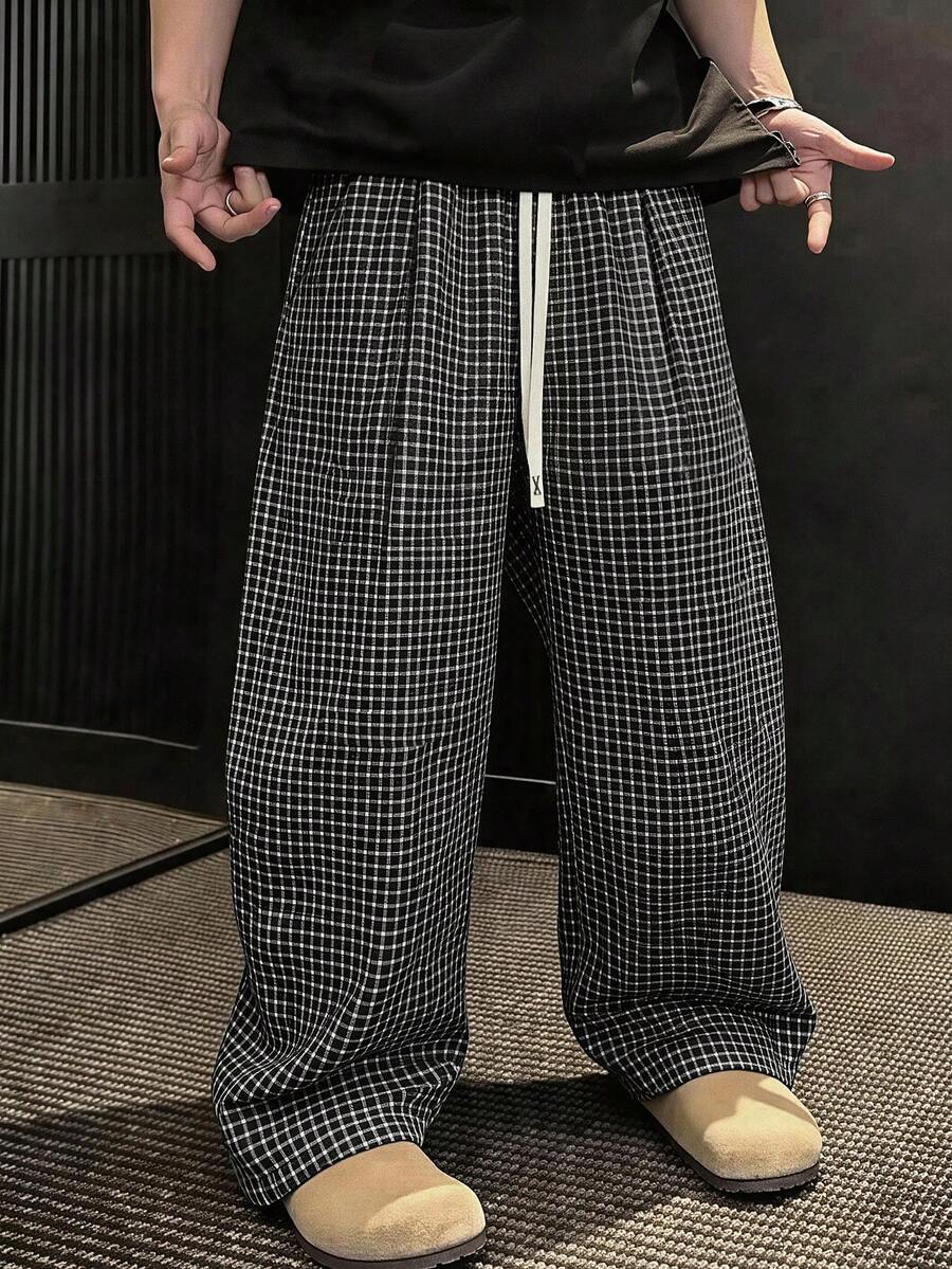 Manfinity Roghcode Men's Drawstring Waist Plaid Casual Versatile Daily Wear Pants - Black - View 1
