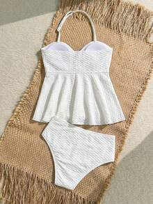 SHEIN Bộ đồ bơi hai mảnh cổ yếm có họa tiết dành cho bé gái tuổi teen, trang phục đi biển thường ngày, đồ bơi khu nghỉ dưỡng Hawaii. - Màu be - Xem 2