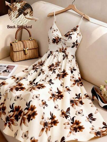 Ellevyn Vestido largo con espalda descubierta y falda fluida con estampado floral vintage