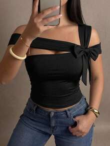 Dazy Plus Plus Size Women Asymmetric Neck Bow Decor T-Shirt - Black - View 3