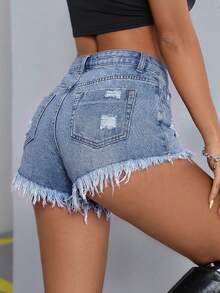 SHEIN PETITE Quần short denim nữ kiểu dáng thường ngày, rách gấu, có túi. - Rửa nhẹ - Xem 2