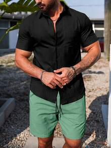 Manfinity Homme Men's Summer Casual Solid Color Button-Front Short Sleeve Shirt And Shorts Set - Multicolor - View 5