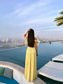 BamGleam Đầm dệt kim trễ vai khoét lỗ dành cho nữ, thích hợp cho kỳ nghỉ. - Vàng nhạt - Xem 7